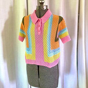 Mango Crochet Polo Sweater | Retro Multicolor | Medium